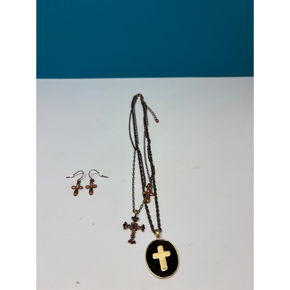 Vintage Style Bronze Multi Strand Cross Necklace & Earring Set Religious Gothic